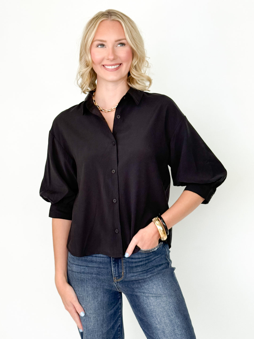 Avery - Black 3/4 Sleeve Button Up Blouse