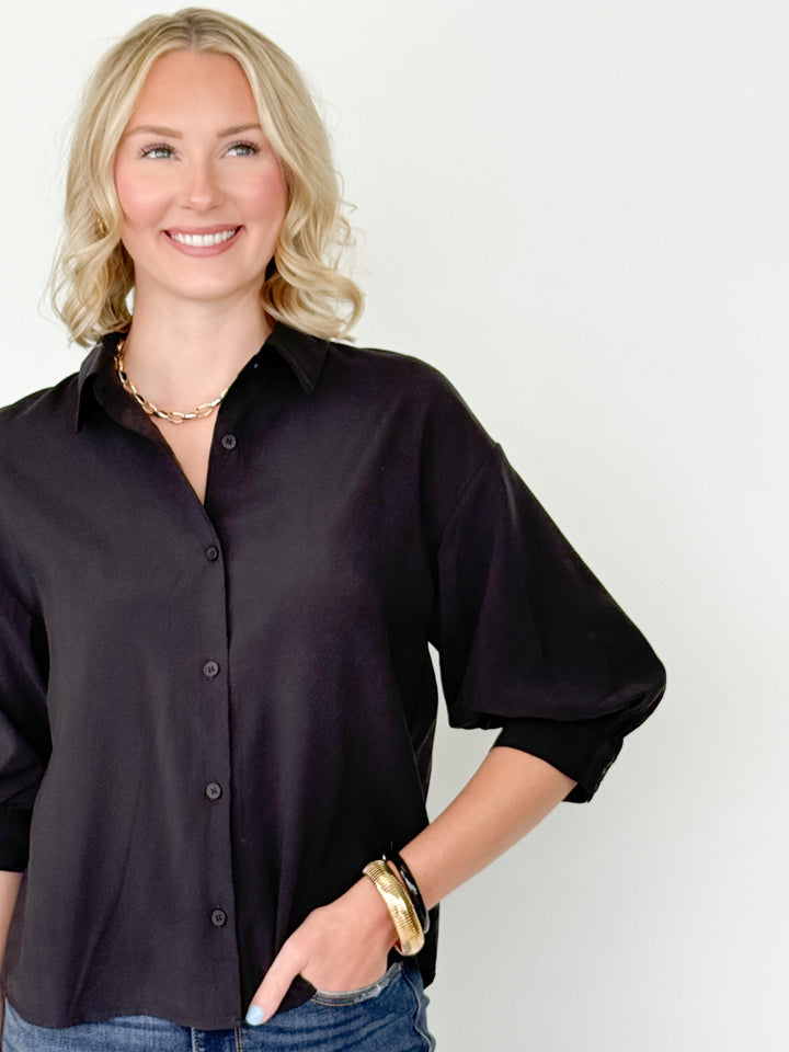 Avery - Black 3/4 Sleeve Button Up Blouse