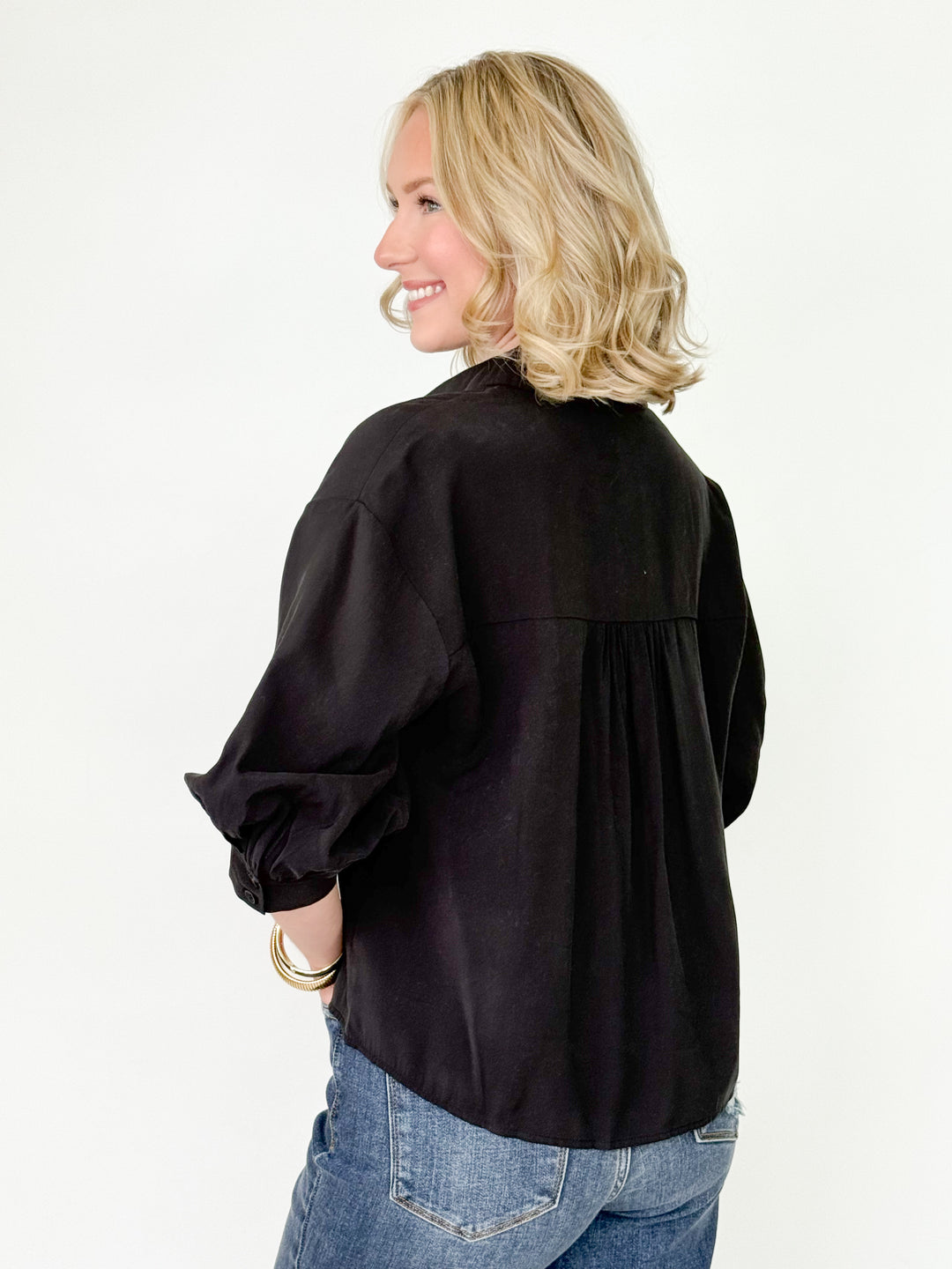 Avery - Black 3/4 Sleeve Button Up Blouse