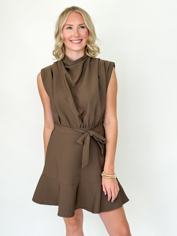 Gloria - Cowl Neck Sleeveless Mini Dress (Mocha)