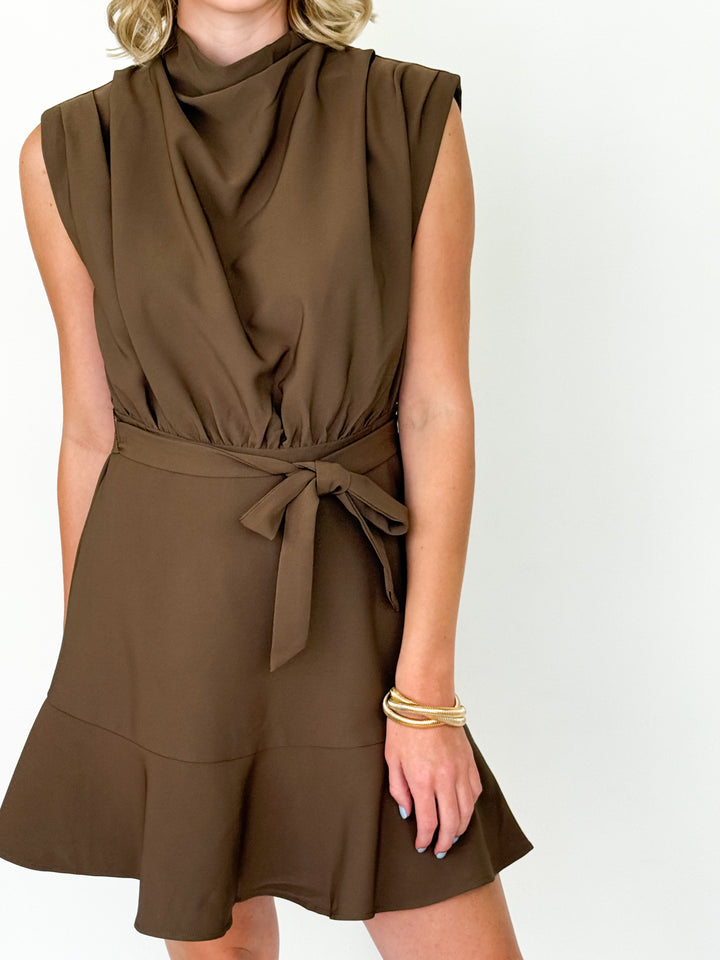 Gloria - Cowl Neck Sleeveless Mini Dress (Mocha)