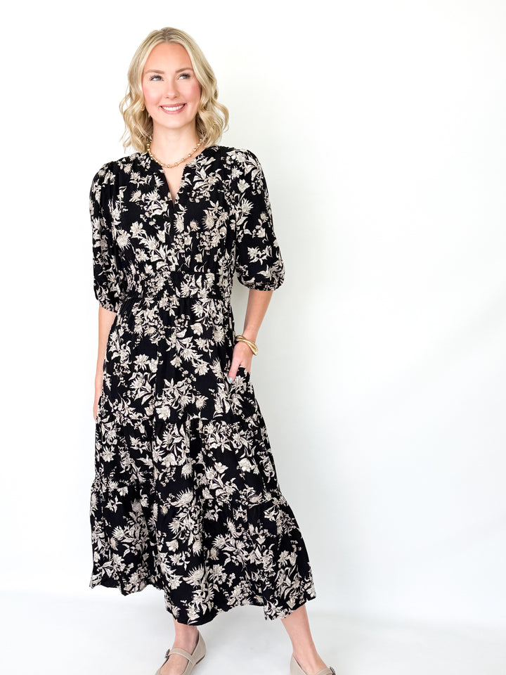 Anita - Black 3/4 Sleeve Floral Midi Dress