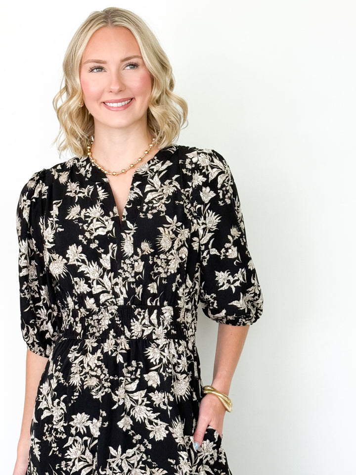 Anita - Black 3/4 Sleeve Floral Midi Dress