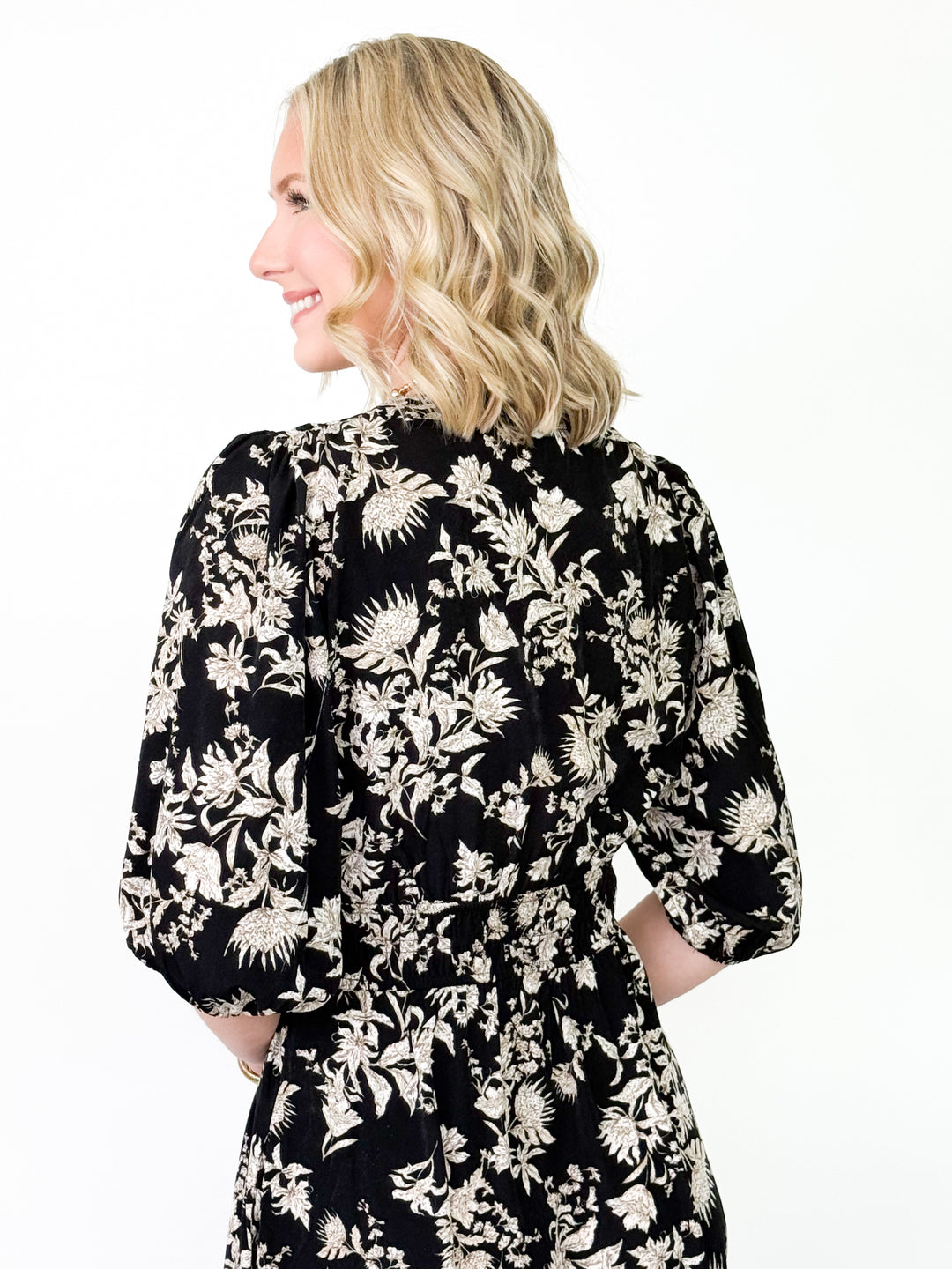 Anita - Black 3/4 Sleeve Floral Midi Dress