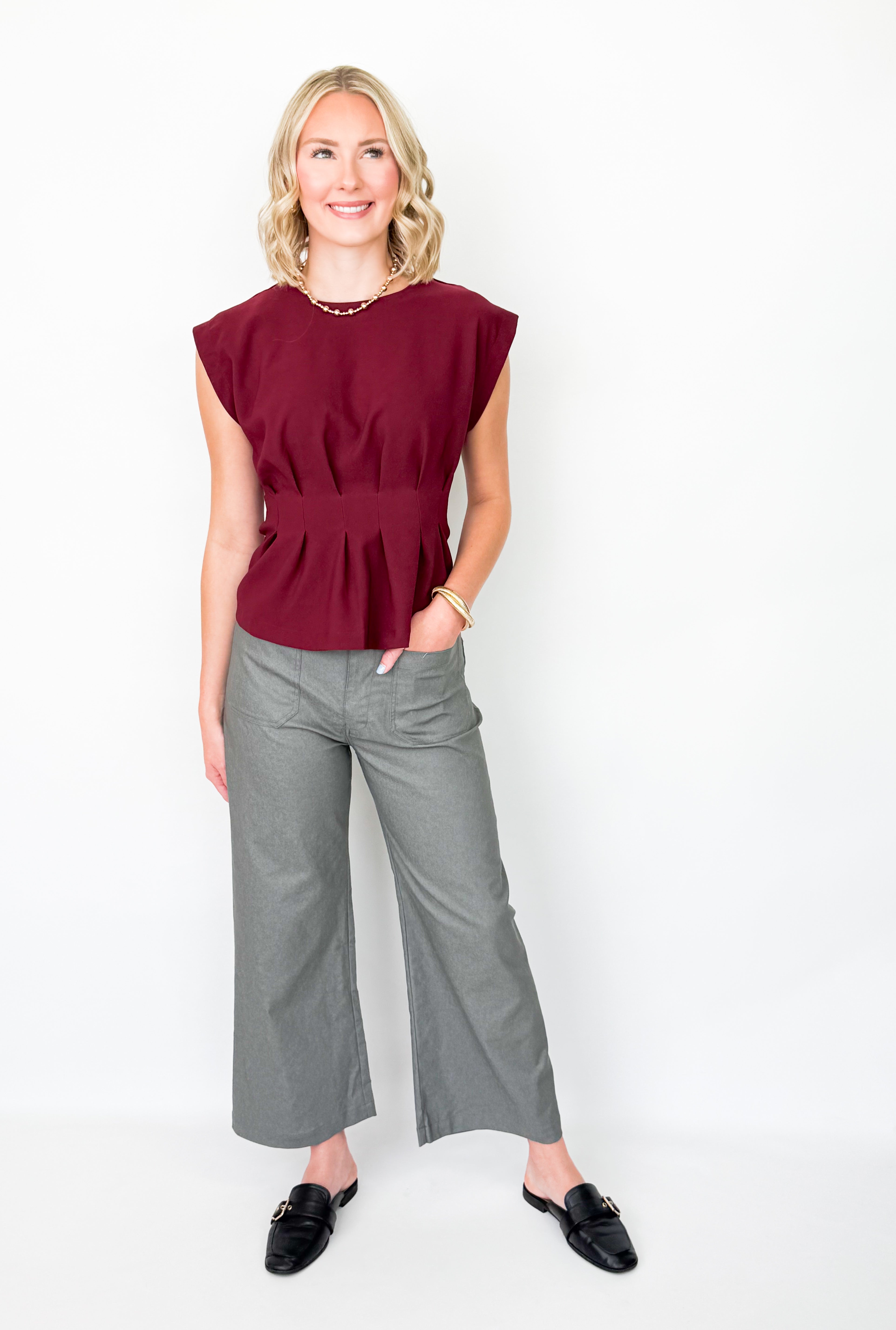 Kay - Round Neck Pleated Waist Top (Maroon)