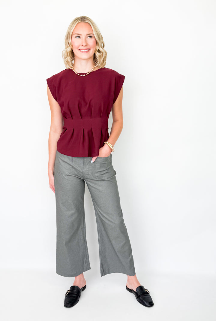 Kay - Round Neck Pleated Waist Top (Maroon)