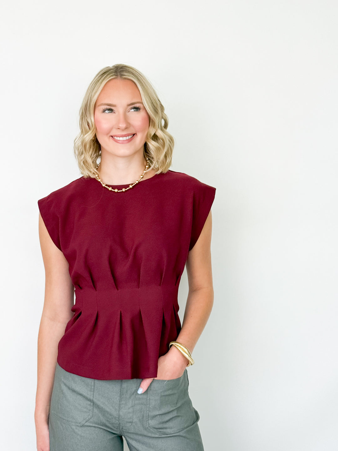 Kay - Round Neck Pleated Waist Top (Maroon)