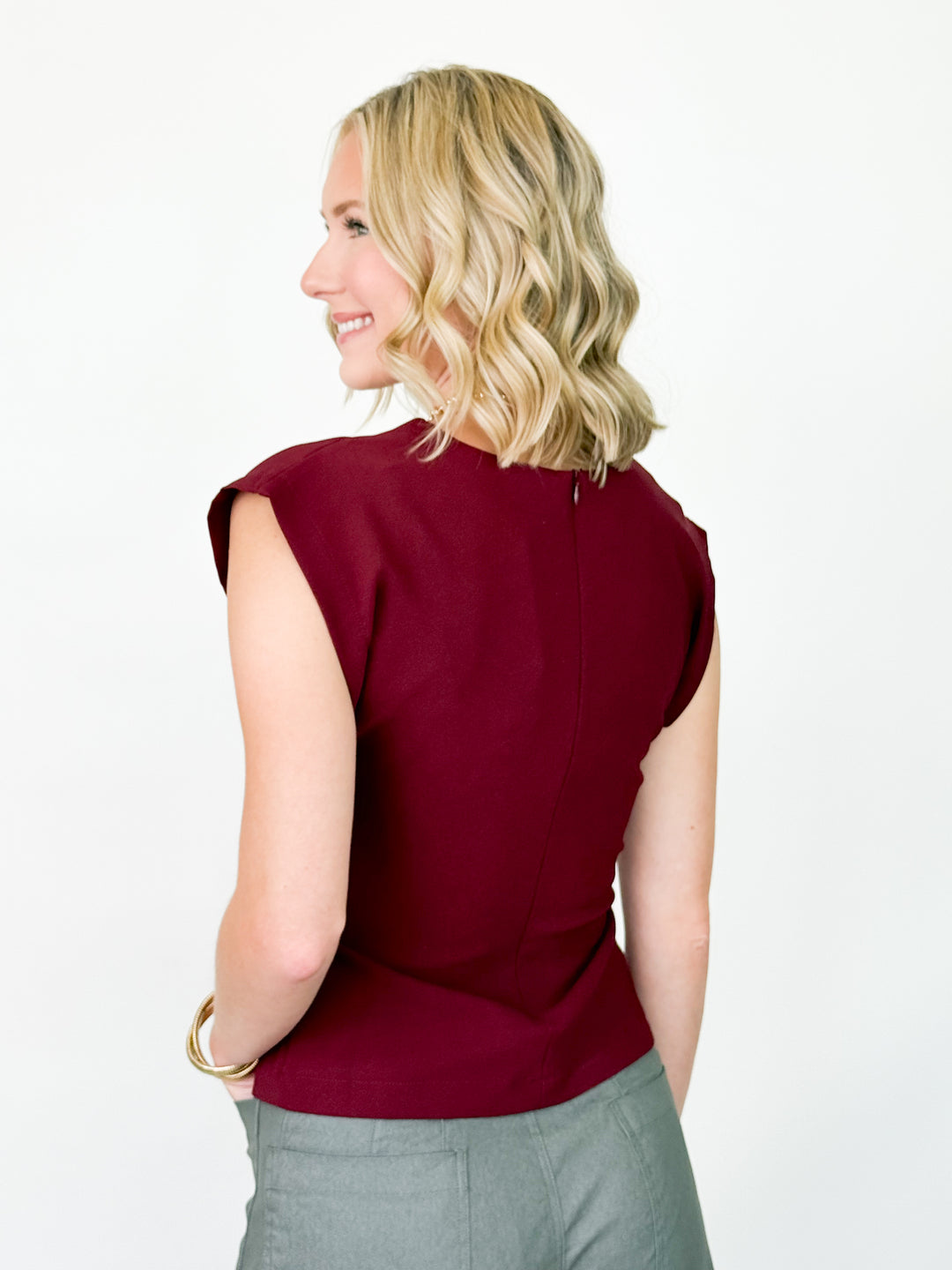 Kay - Round Neck Pleated Waist Top (Maroon)