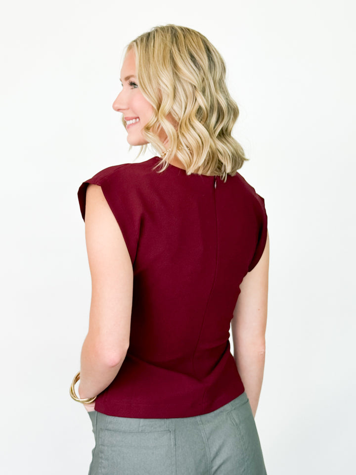 Kay - Round Neck Pleated Waist Top (Maroon)