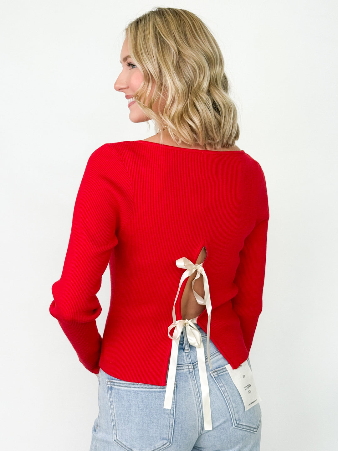Chrissy - Red Boat Neck Bow Back Sweater