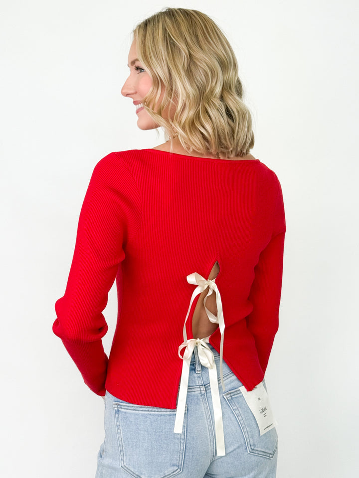 Chrissy - Red Boat Neck Bow Back Sweater