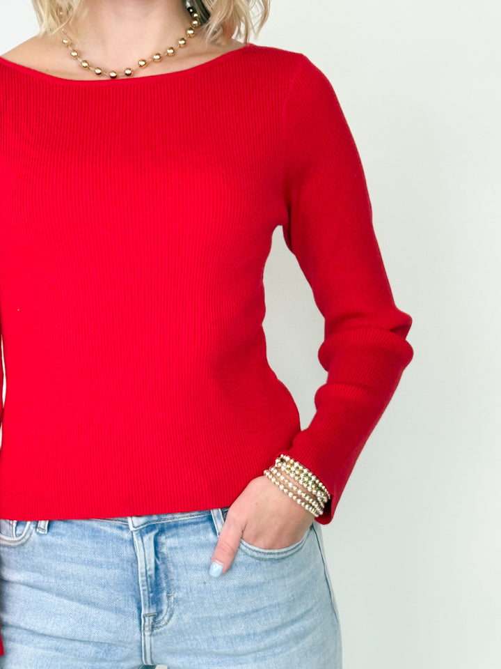 Chrissy - Red Boat Neck Bow Back Sweater
