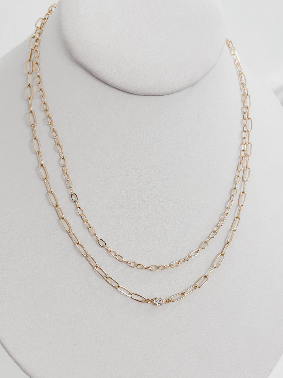 Sophie - Double Layered Link Necklace w/ Rhinestone Detail (Gold)