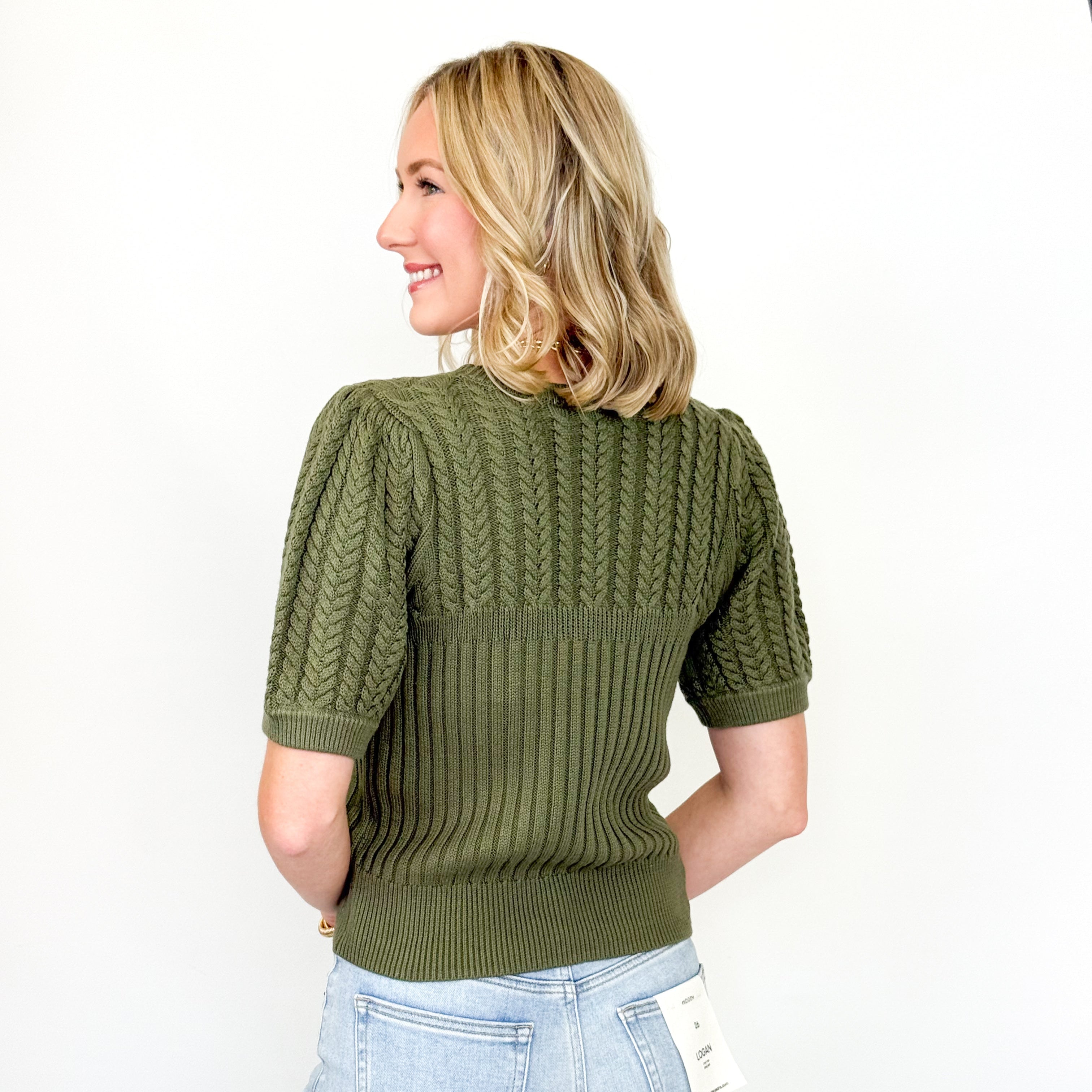 Madison - Puff Sleeve Cable Knit Sweater (Olive)