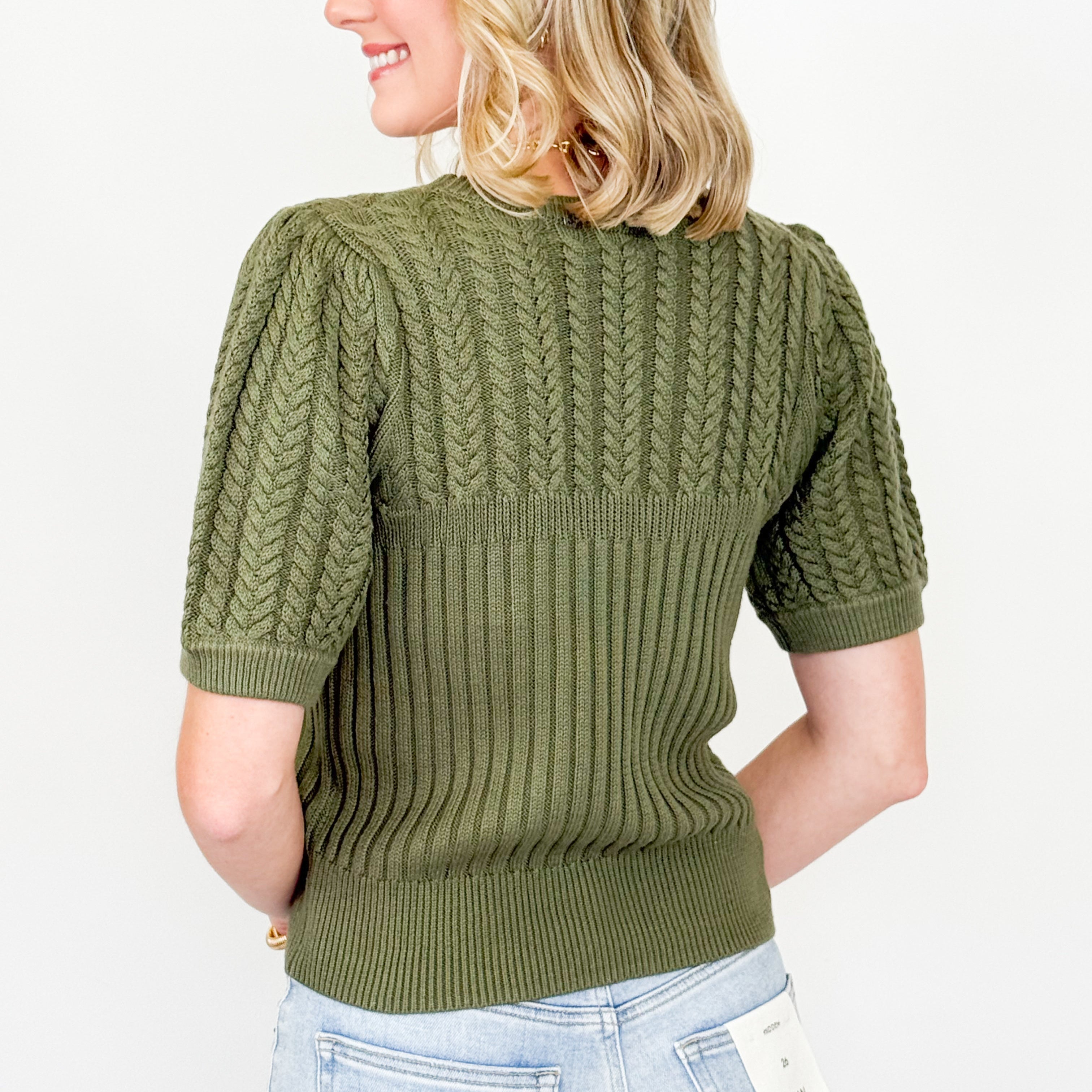 Madison - Puff Sleeve Cable Knit Sweater (Olive)