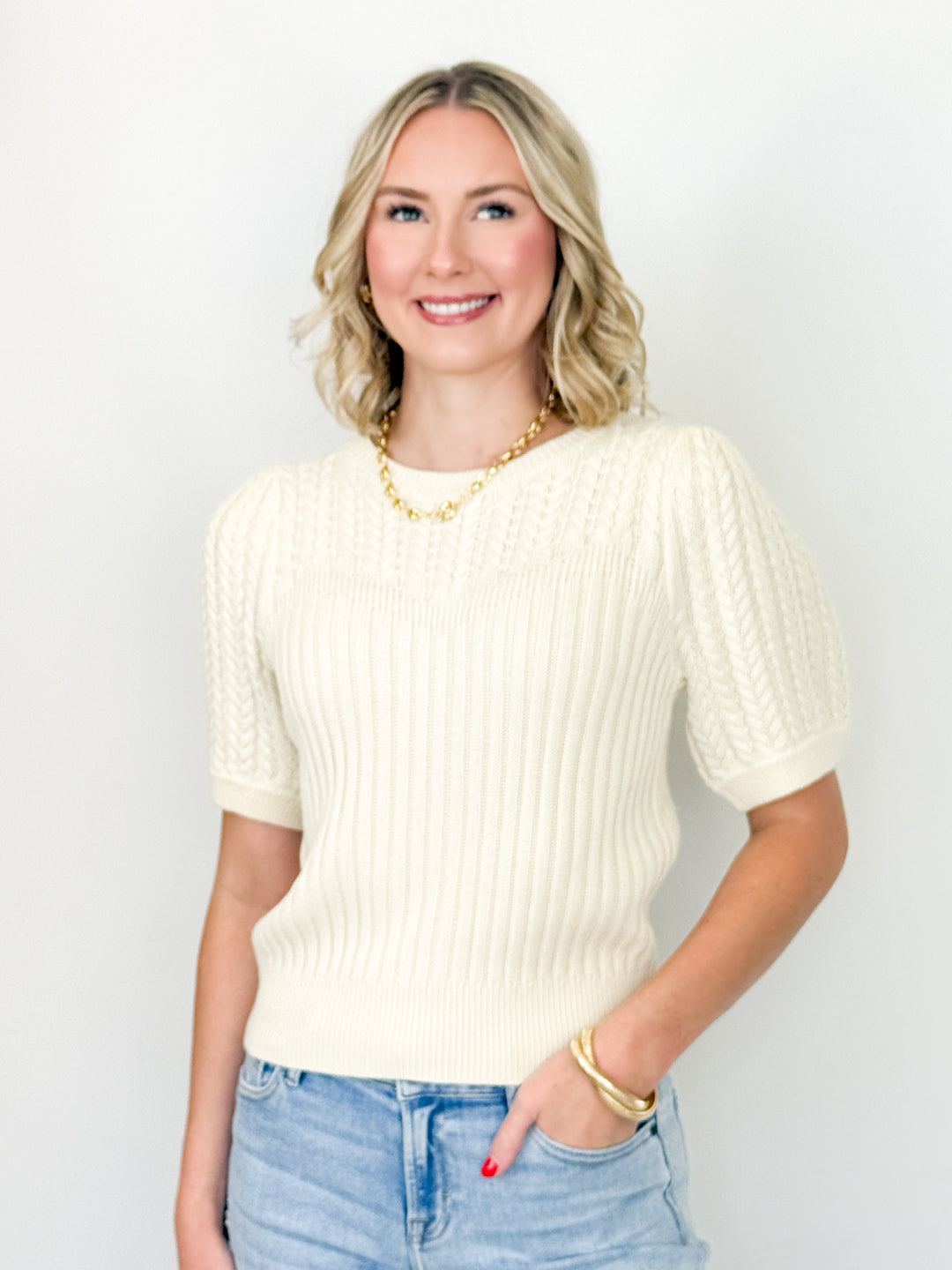 Madison - Puff Sleeve Cable Knit Sweater (Cream)