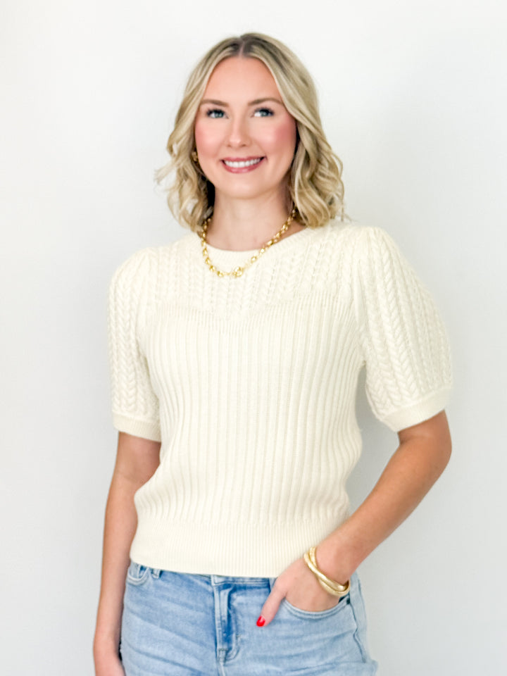 Madison - Puff Sleeve Cable Knit Sweater (Cream)