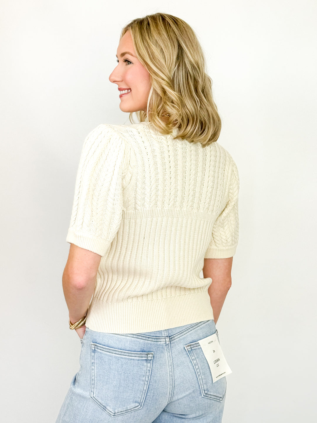 Madison - Puff Sleeve Cable Knit Sweater (Cream)