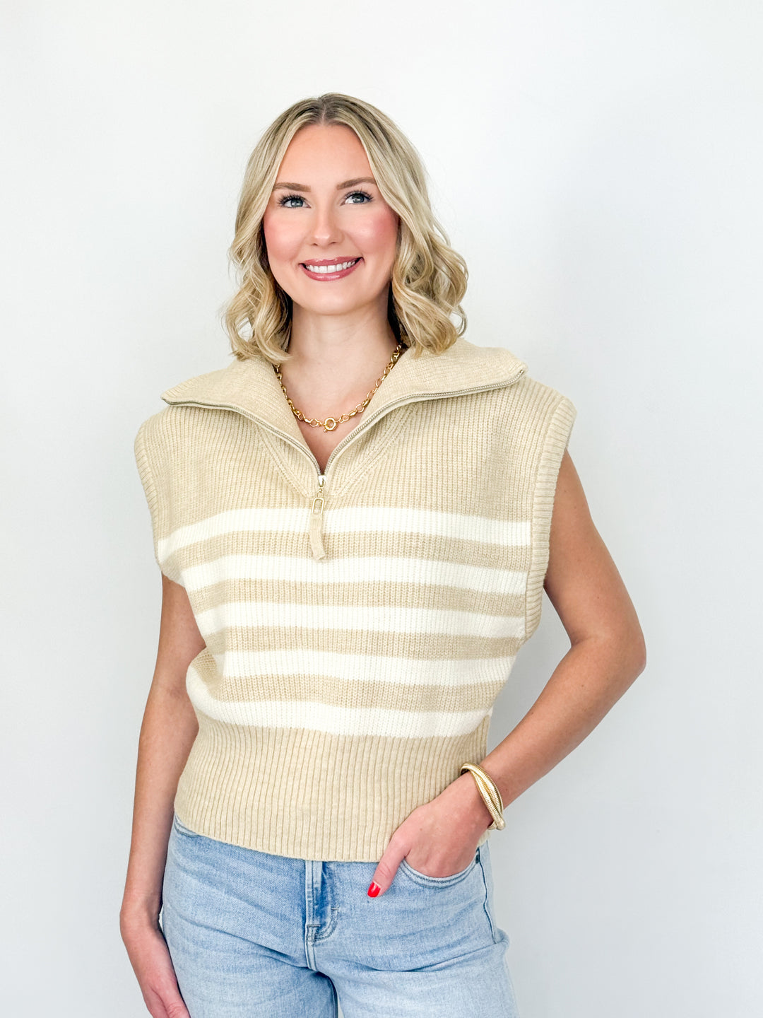 Kaitlyn - Beige Striped Knit Half Zip Top