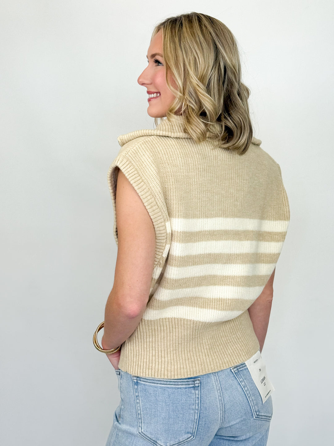Kaitlyn - Beige Striped Knit Half Zip Top