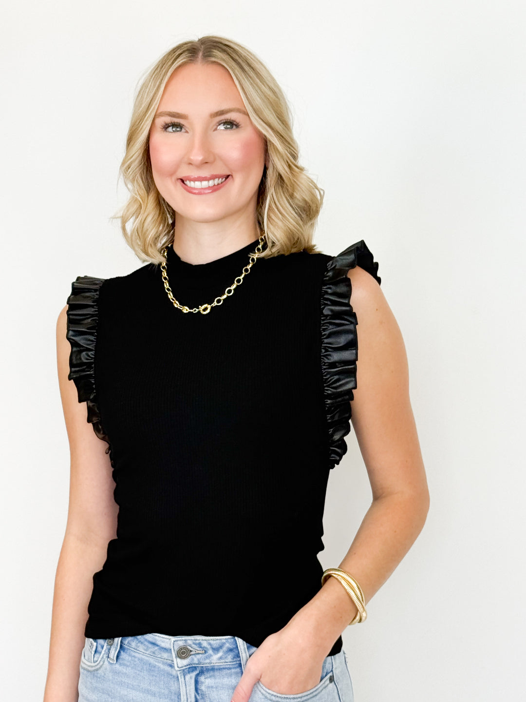 Ava - Mock Neck Leather Ruffled Tank