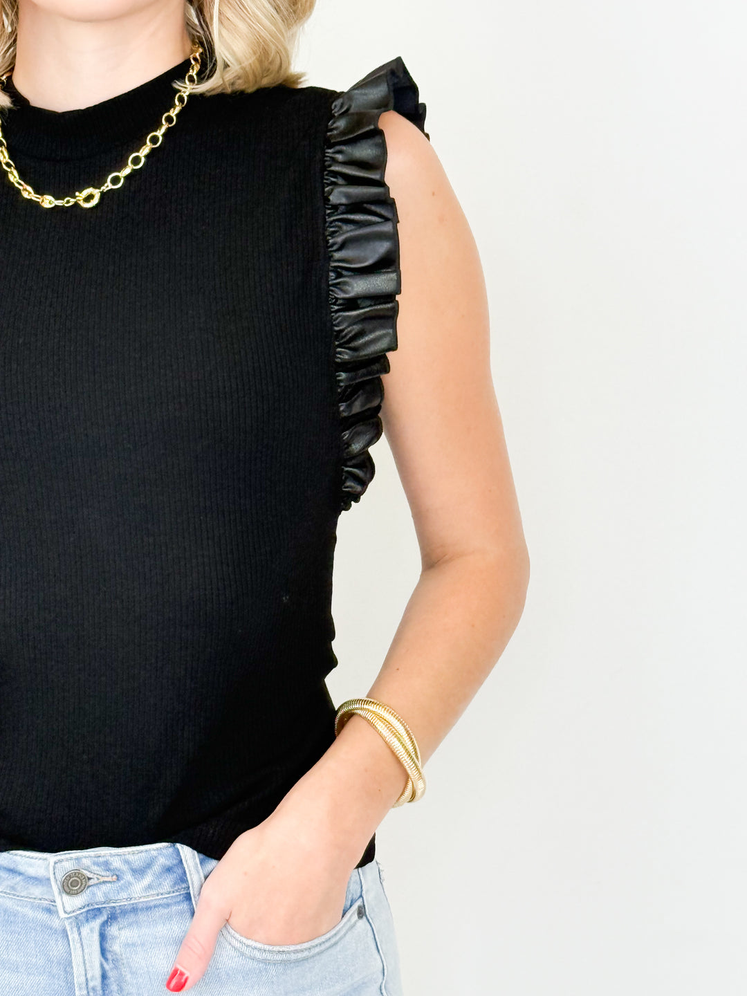 Ava - Mock Neck Leather Ruffled Tank