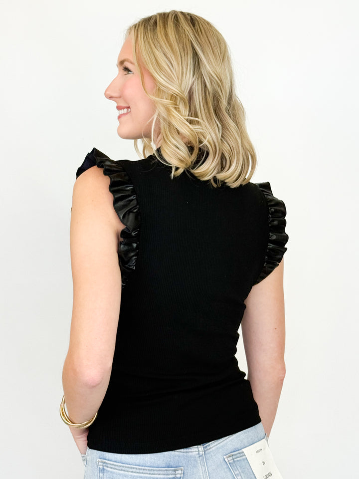 Ava - Mock Neck Leather Ruffled Tank