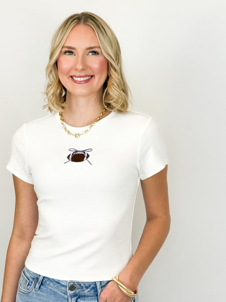 Leslie - Football Tee with Purple Bow
