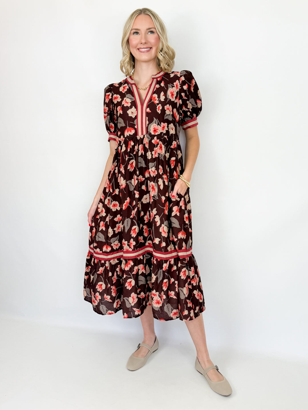 Lorna - Brown Floral Midi Dress