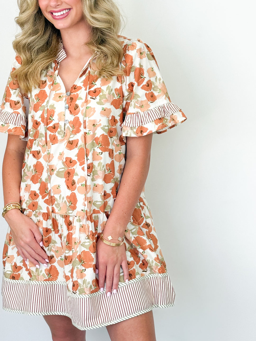 Valerie - Rust Floral Striped Contrast Mini Dress