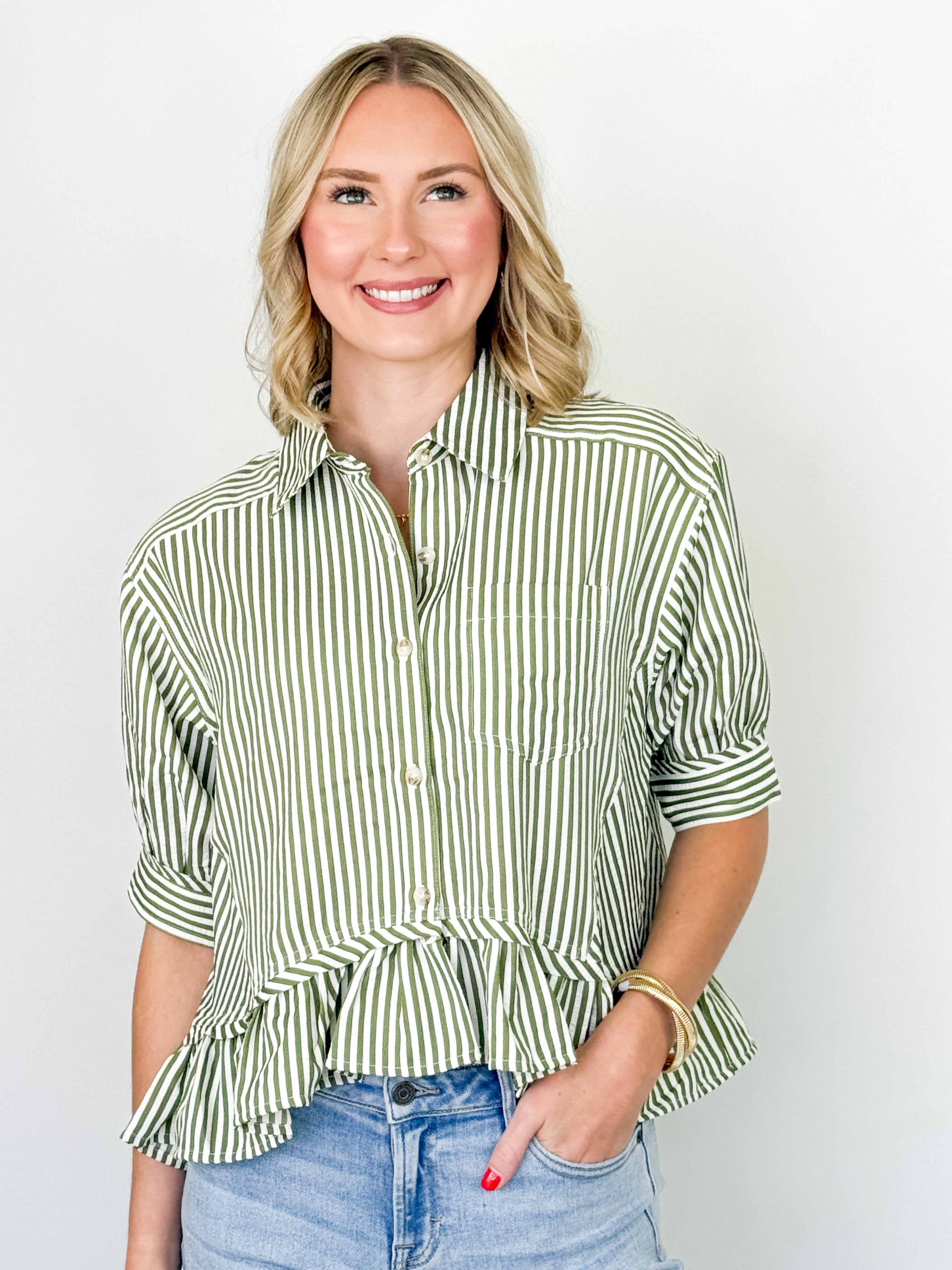 Pia - Striped Button Up Ruffled Hem Blouse (Olive)