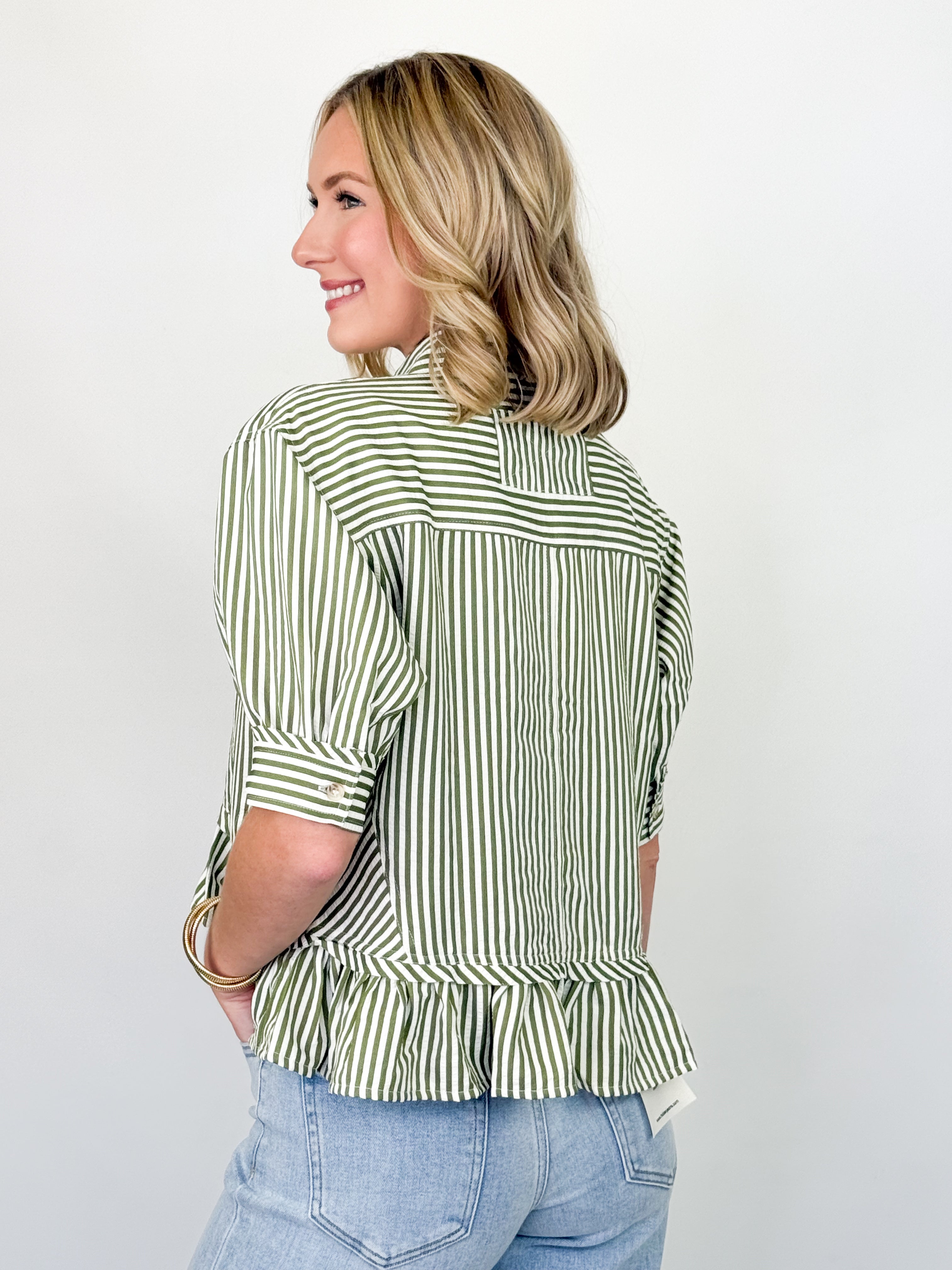 Pia - Striped Button Up Ruffled Hem Blouse (Olive)