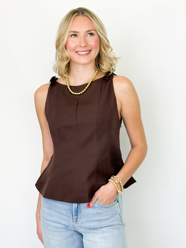 Maria - Boatneck Bow Detail Blouse (Chocolate)
