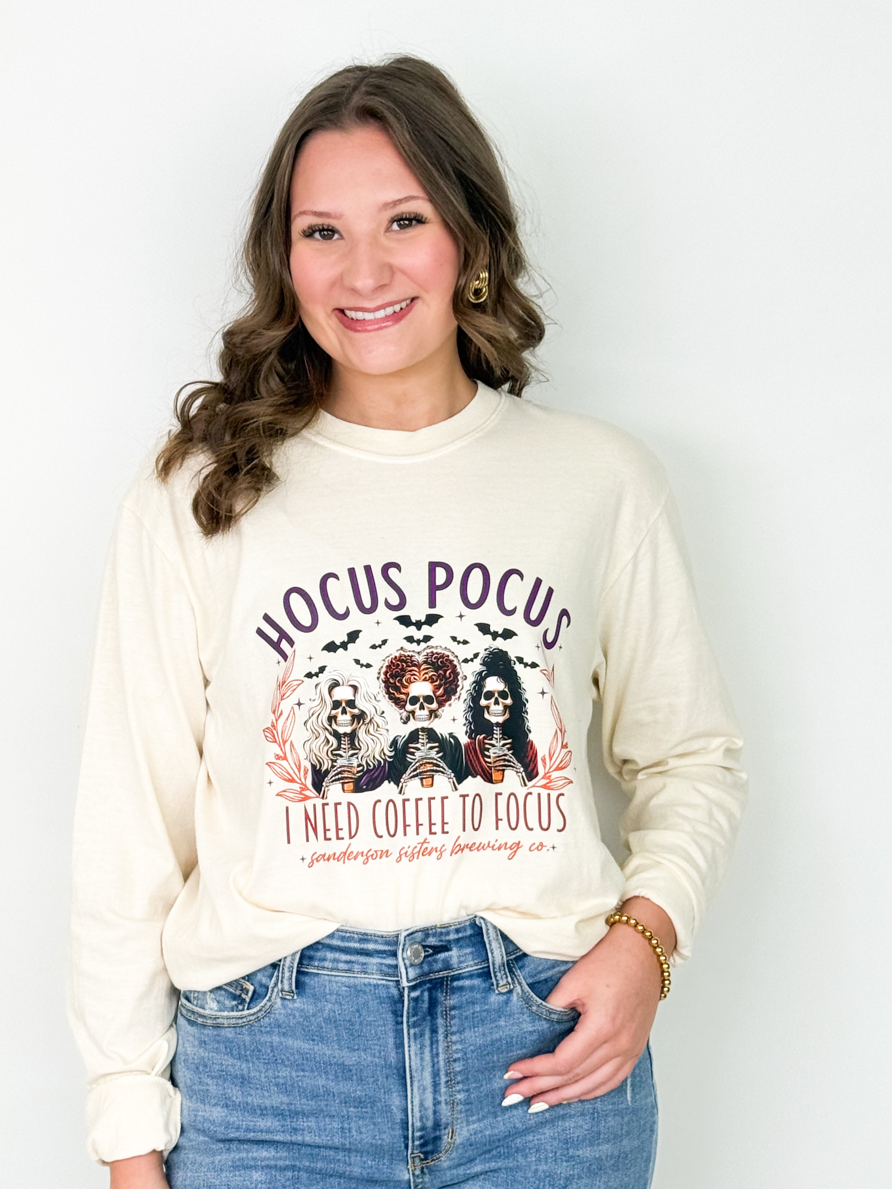 Hocus Pocus I Need Coffee To Focus Long Sleeve Graphic Tee