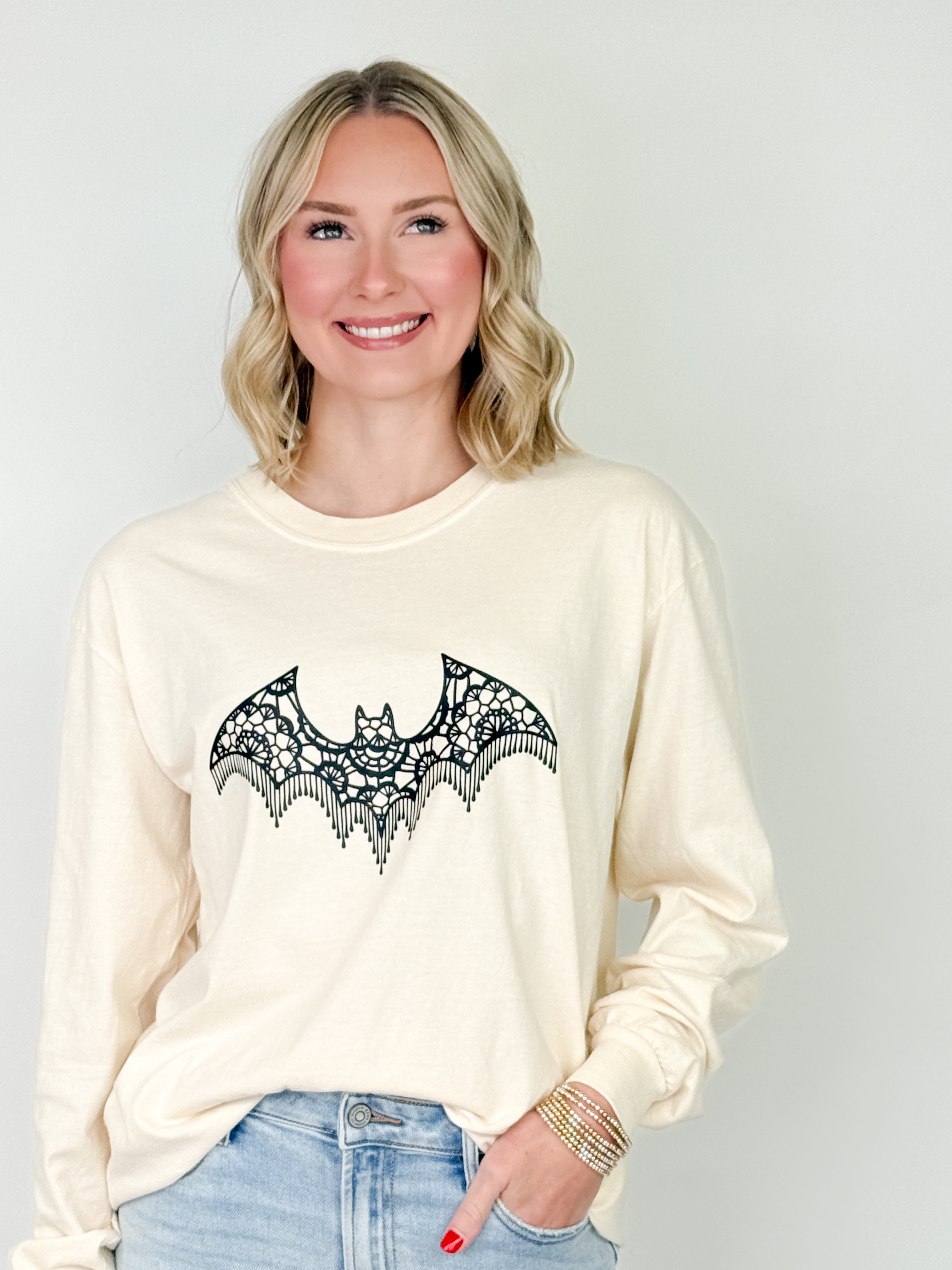 Lace Bat Long Sleeve Graphic Tee - Cream