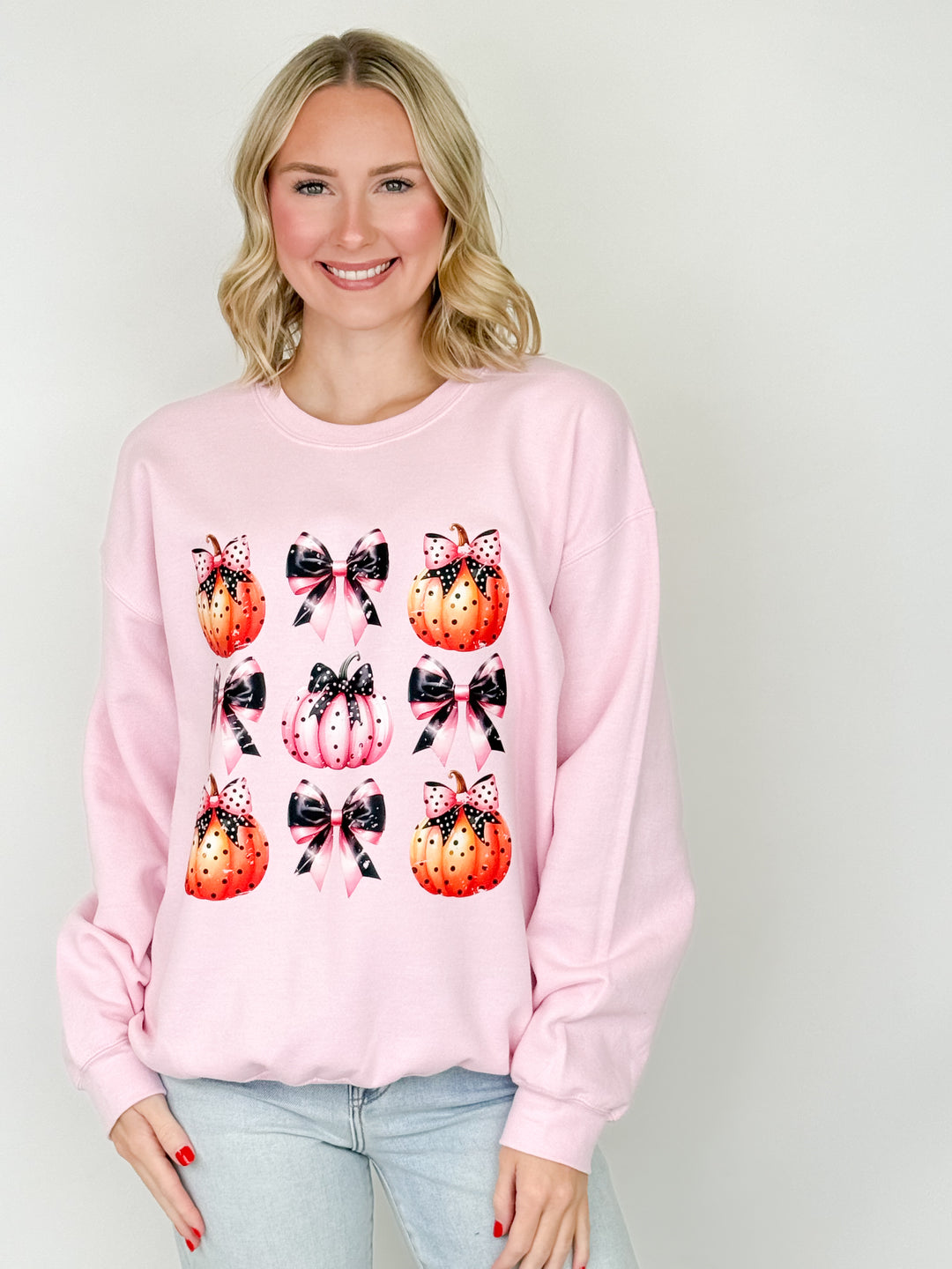 Pumpkins w/ Bows Graphic Sweatshirt (Light Pink)