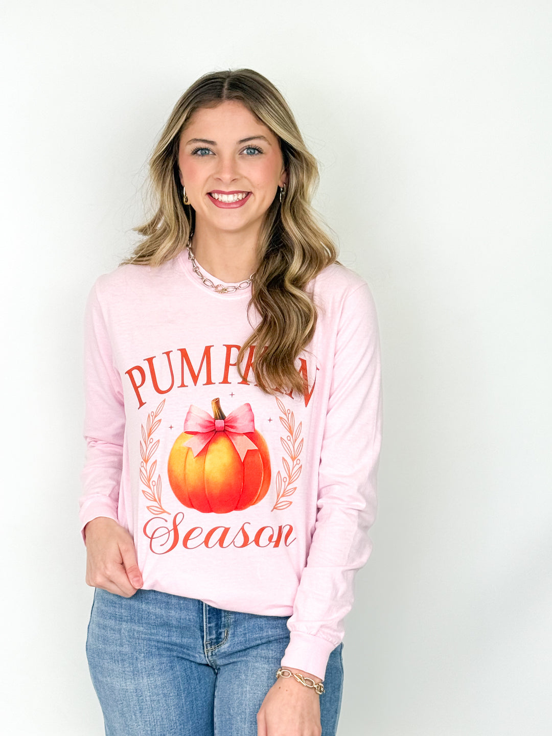 Pumpkin Season Long Sleeve Graphic Tee (Light Pink)