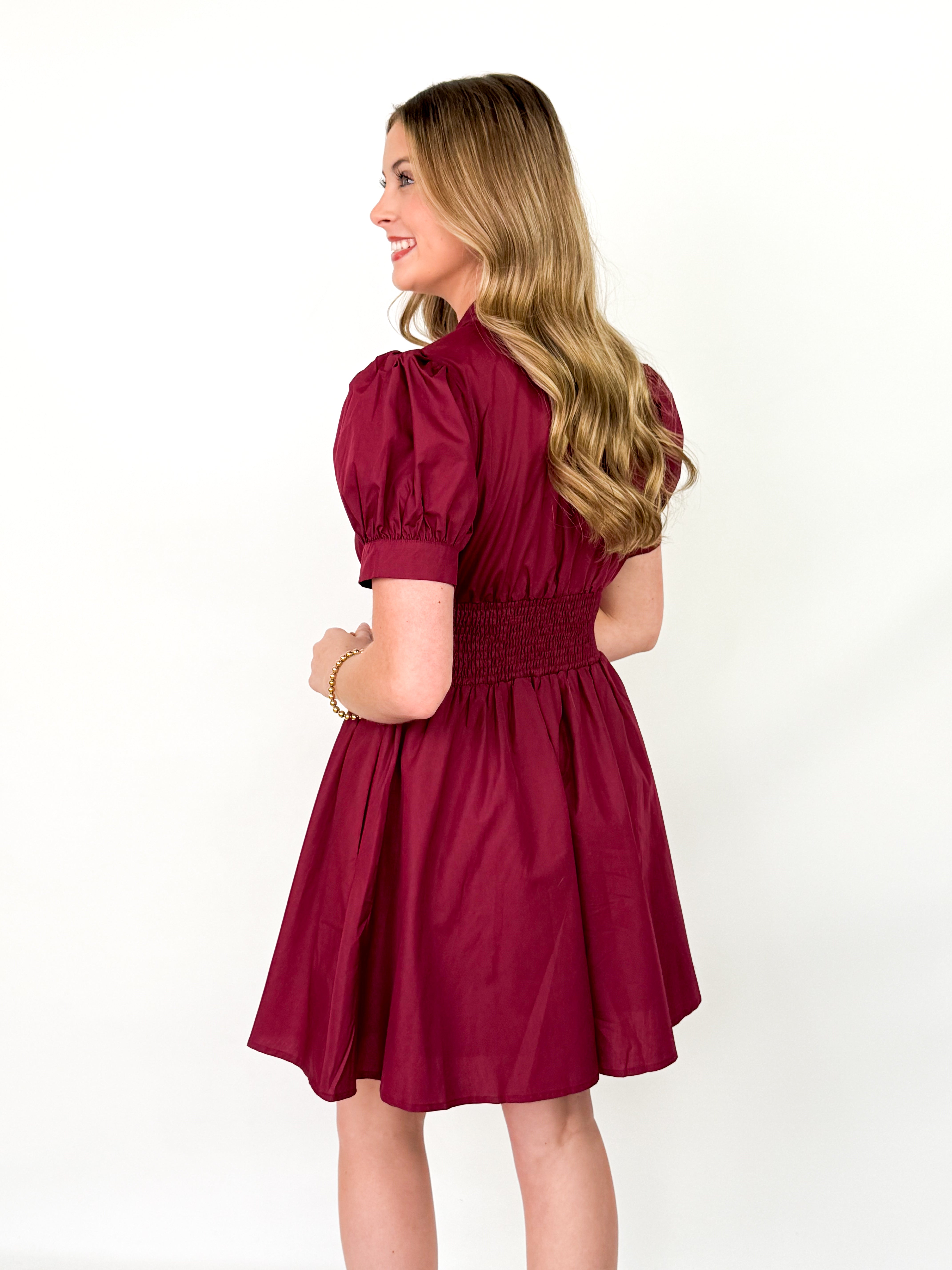 Katie - Maroon Puff Sleeve Front Zip Mini Dress