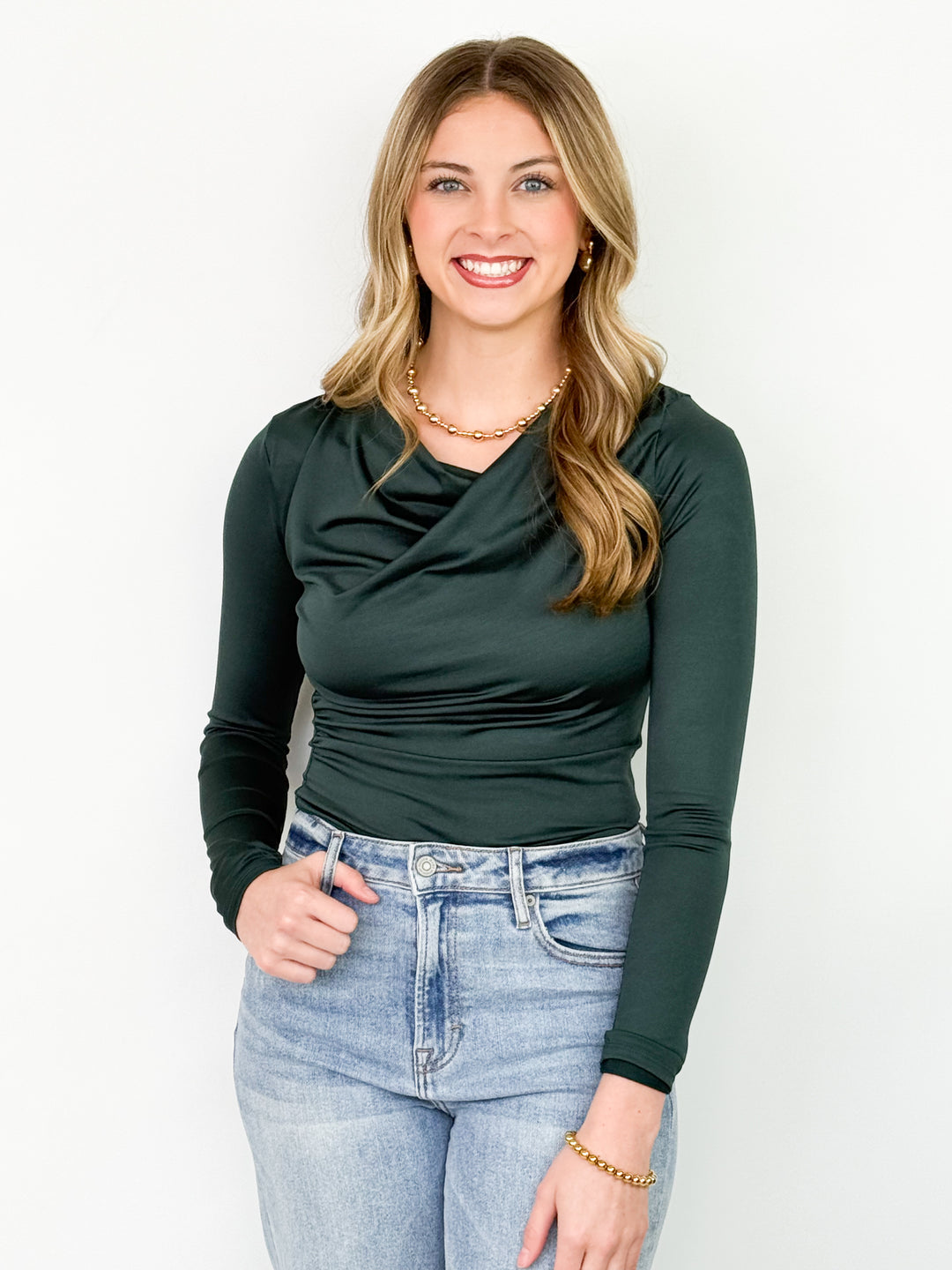 Kendra - Dark Green Cowl Neck Long Sleeve Top