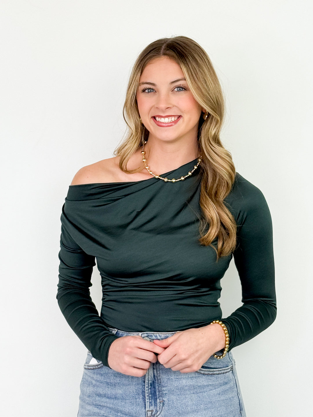 Kendra - Dark Green Cowl Neck Long Sleeve Top