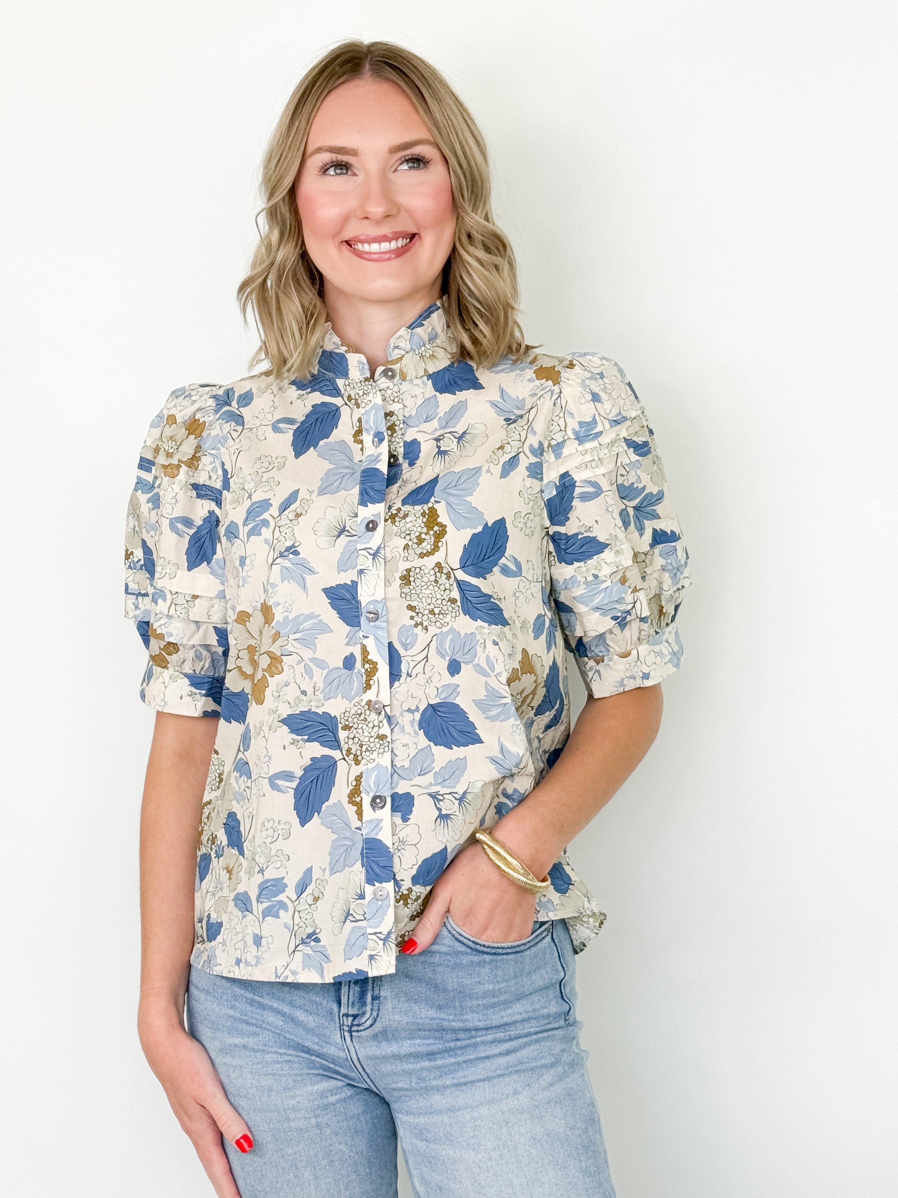 Navia - Floral Puff Sleeve Button Down Top (Blue)