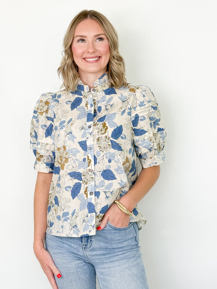 Navia - Floral Puff Sleeve Button Down Top (Blue)