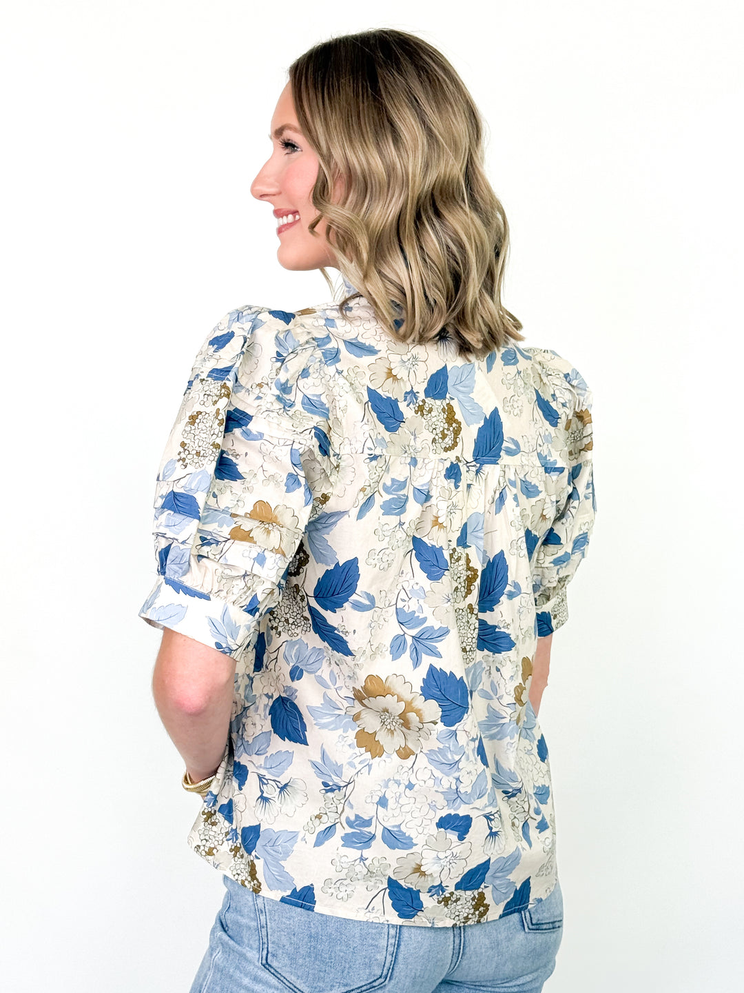 Navia - Floral Puff Sleeve Button Down Top (Blue)