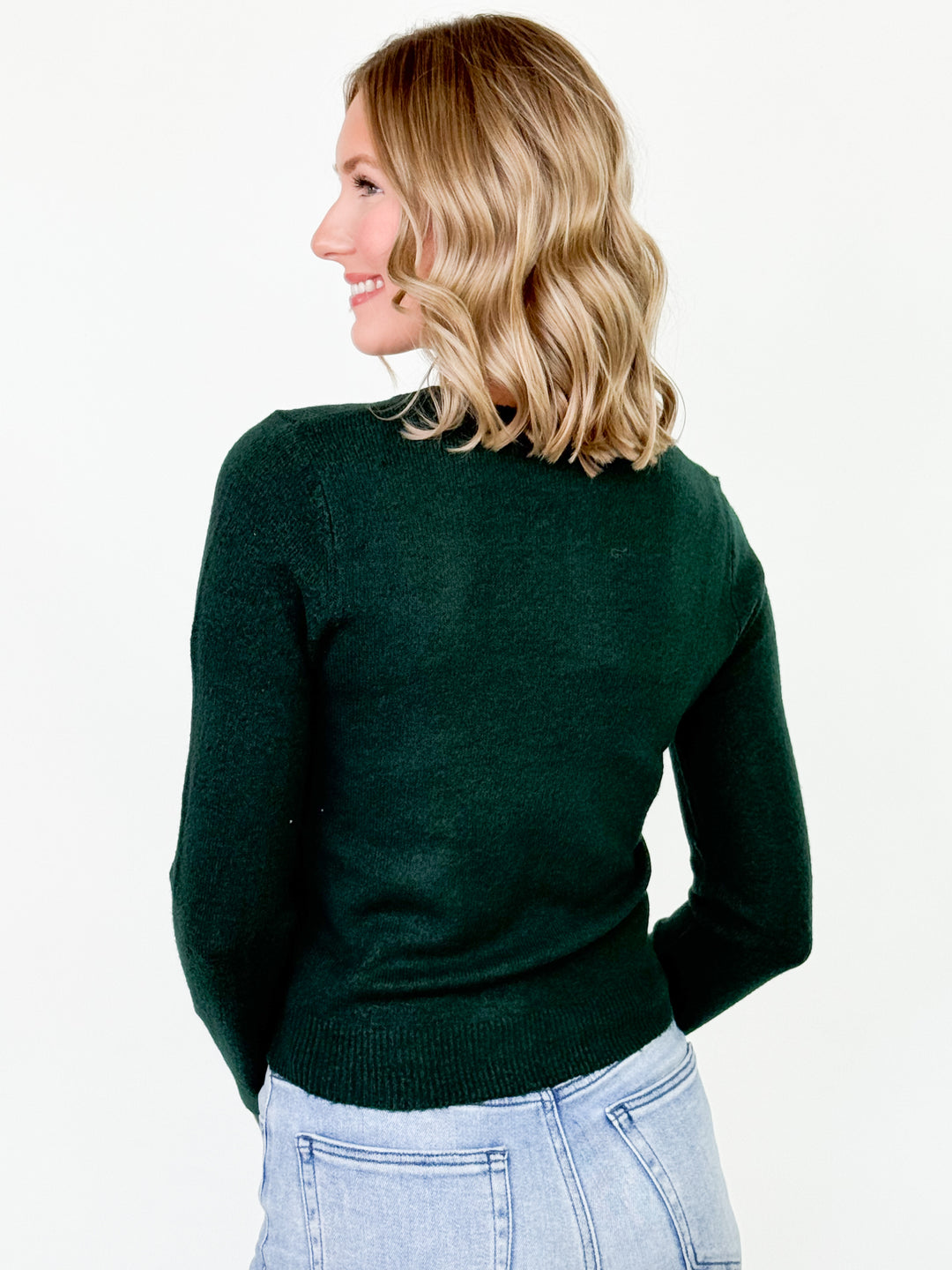 Charlie - Round Neck Button Down Cardigan (Hunter Green)