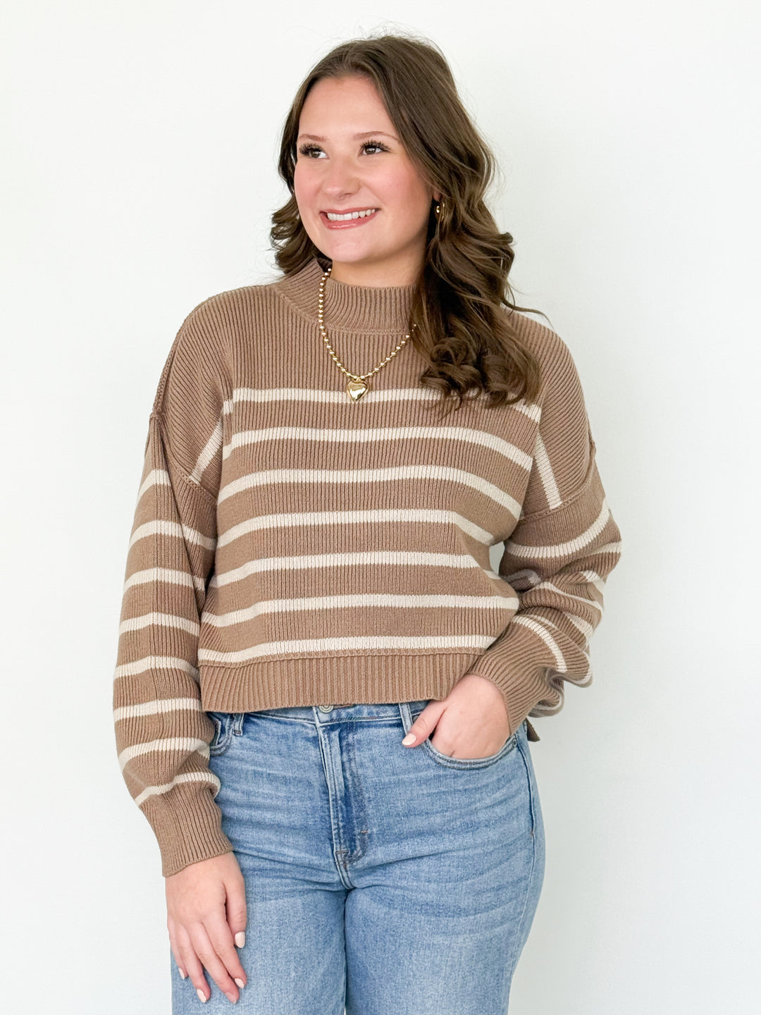 Nora - Mocha Striped Mock Neck Sweater