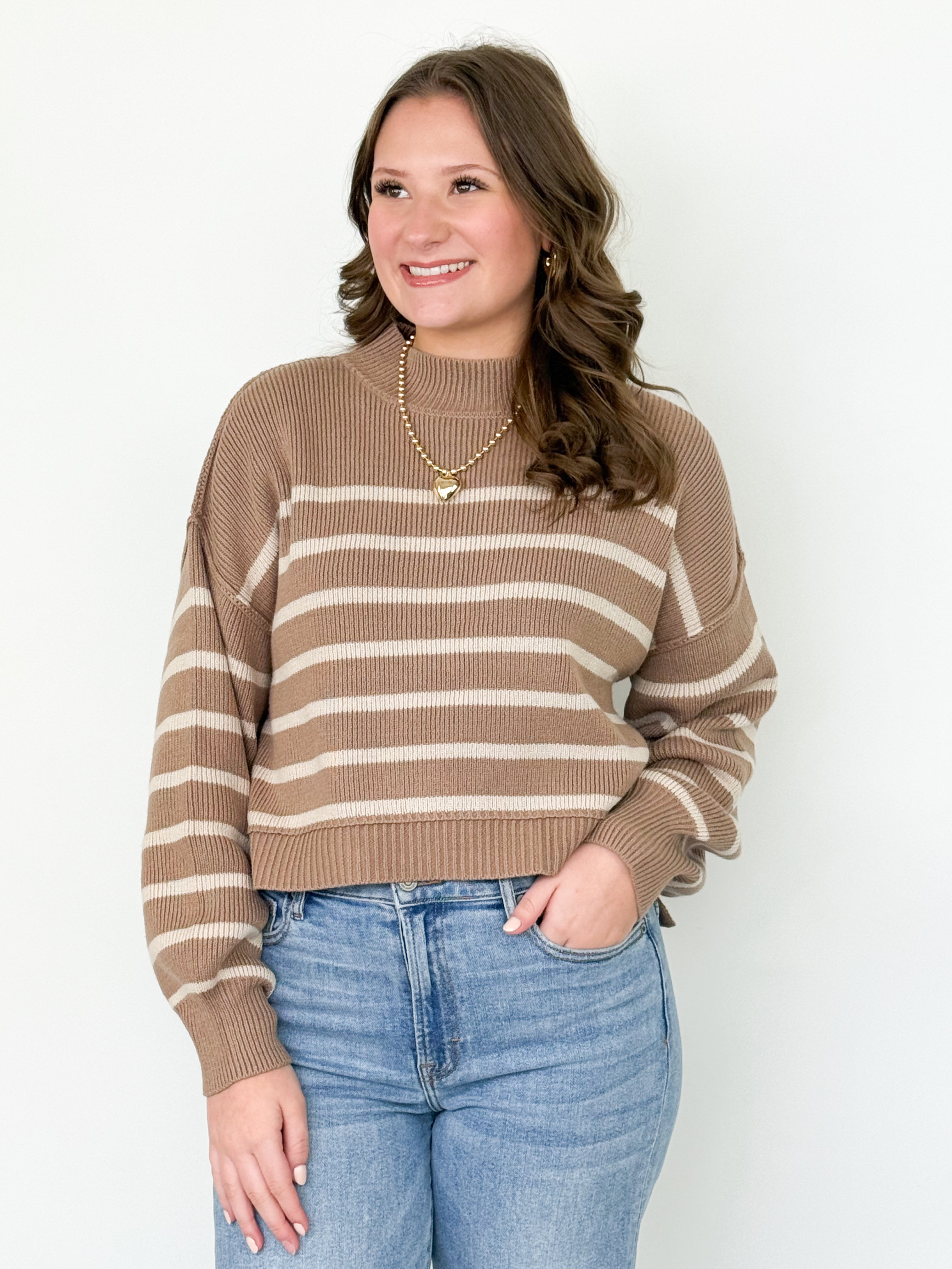 Nora - Mocha Striped Mock Neck Sweater