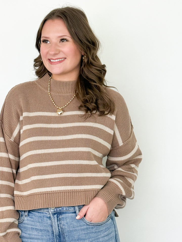 Nora - Mocha Striped Mock Neck Sweater