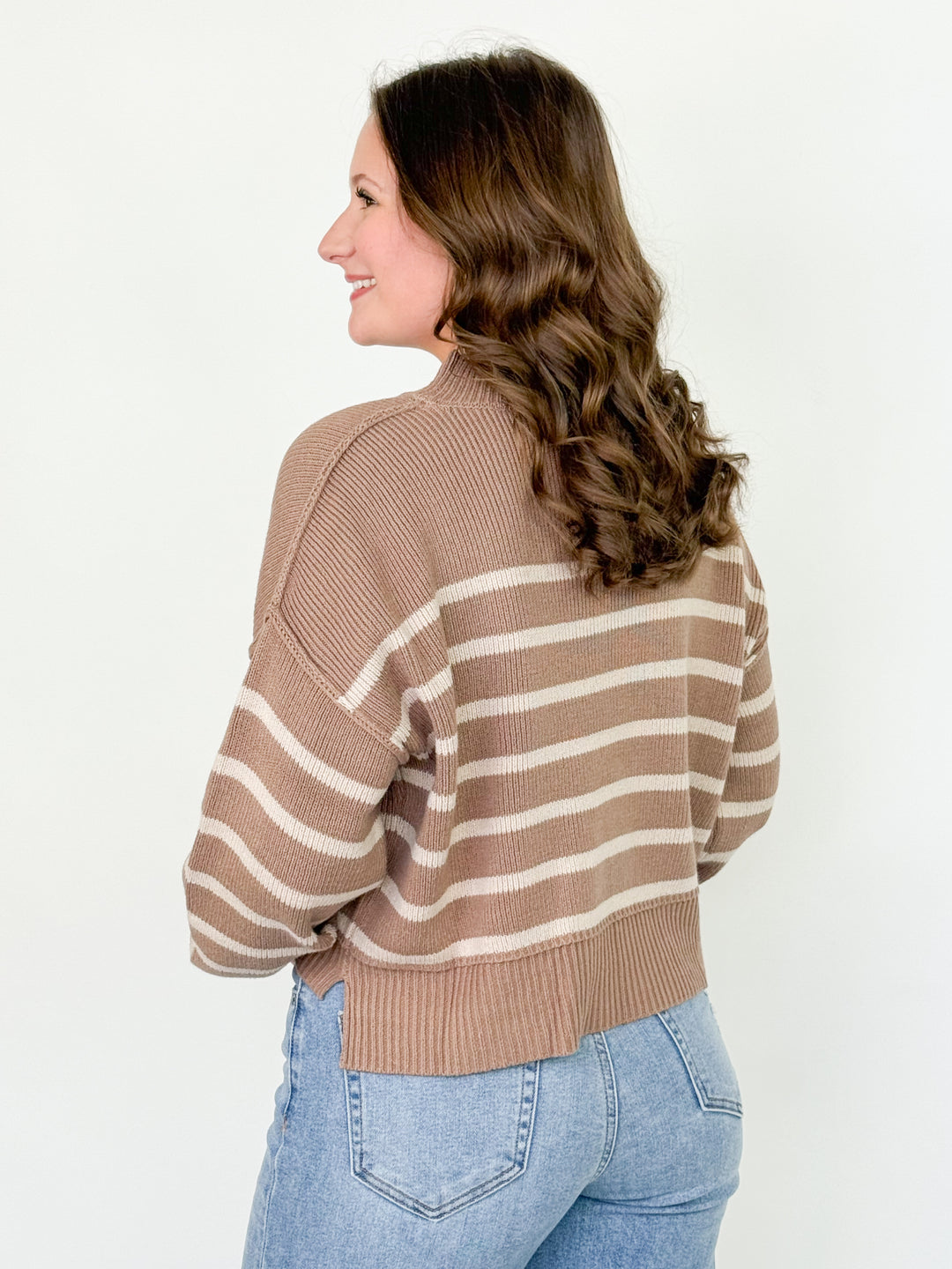 Nora - Mocha Striped Mock Neck Sweater