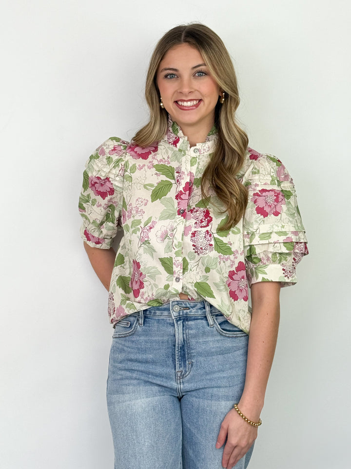 Navia - Floral Puff Sleeve Button Down Top (Pink)