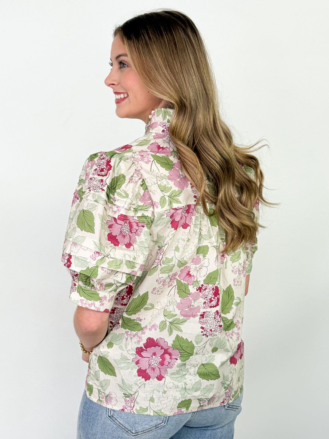 Navia - Floral Puff Sleeve Button Down Top (Pink)